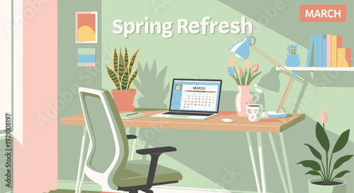 Office Desk with Laptop and Decorations.