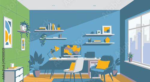 Modern Office Workspace with Desk and Chairs.