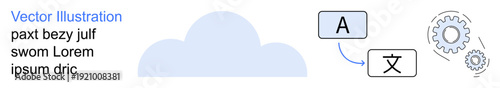 Language translation, automation, AI workflow, cloud computing, multilingual tools, global communication. Cloud with translation text and gear icons. Language translation and automation