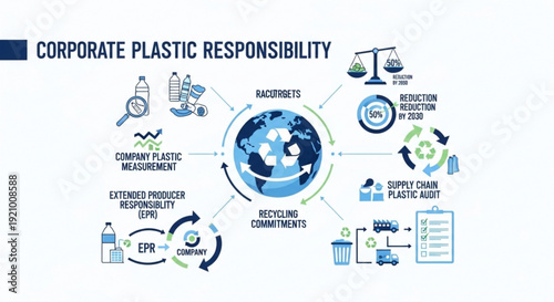 Corporate plastic responsibility infographic with recycling commitments and eco friendly strategies
