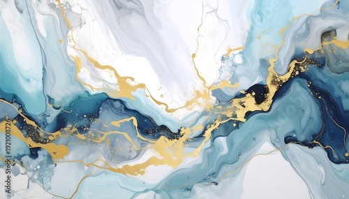 Abstract swirls of blue, grey and gold create a fluid, marbled effect on a white backdrop