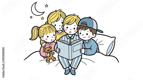 Father Reading to Children on Bed.