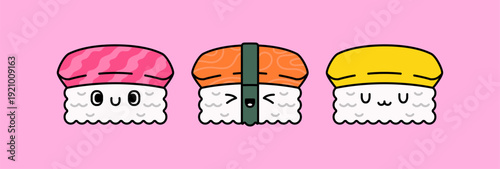 Sushi characters illustration with different topping cartoon style vector