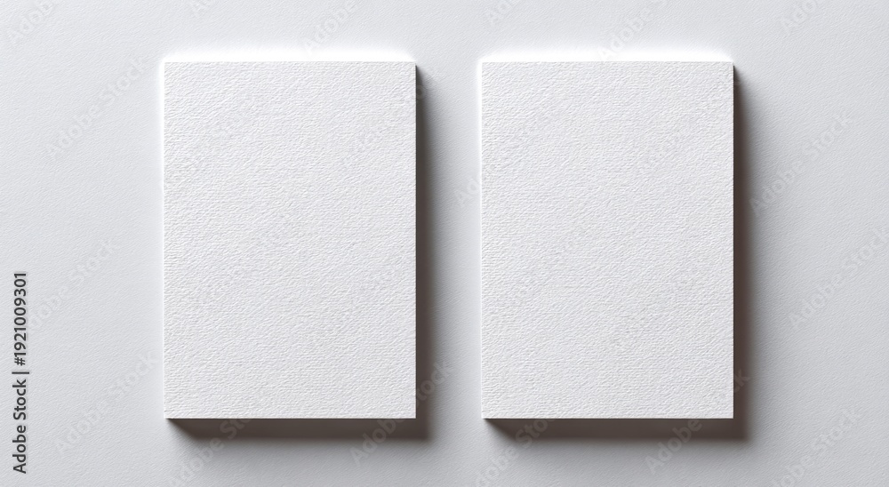Fototapeta premium Two plain, vertical white rectangular cards with textured surfaces, viewed from above