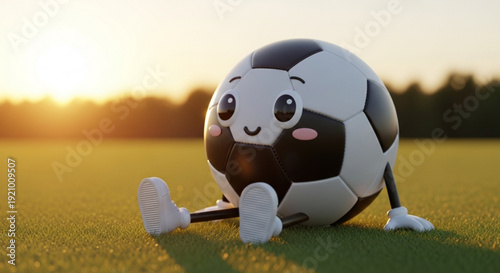 Smiling soccer ball character sitting on green field at sunset with legs and shoes