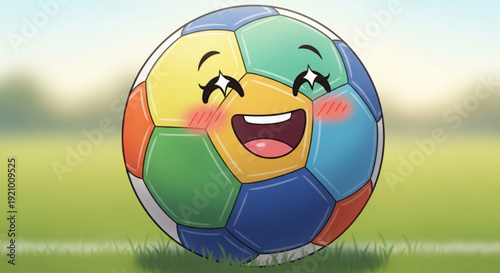 Colorful soccer ball with smiling face on green field background
