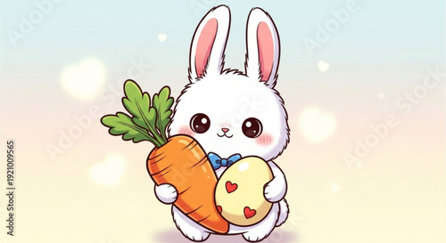 Adorable white rabbit holding a carrot and decorated easter egg in pastel background