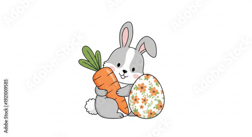 Cute gray bunny holding carrot and easter egg on white background springtime fun