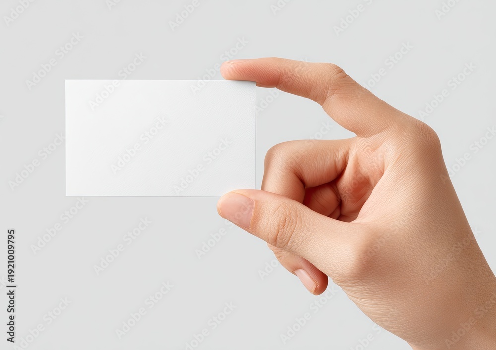 Obraz premium A hand holding a blank rectangular card against a soft grey background