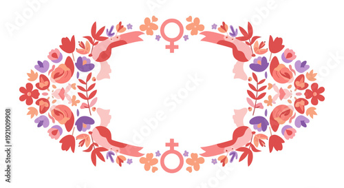 Vibrant floral frame illustration featuring diverse female profiles and Venus symbols, celebrating empowerment and solidarity, for International Women’s Day graphics and messages of gender equality