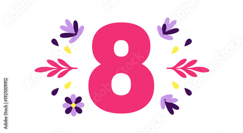 Celebration of International Women’s Day with festive floral accents and the number 8, symbolizing strength and achievement