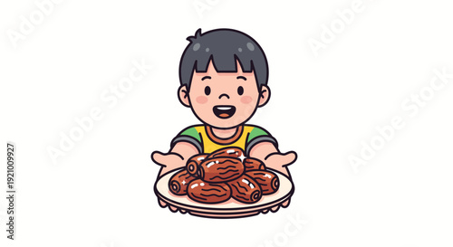 Happy Cartoon Boy Holding Chocolate Cake.