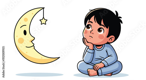 Child Contemplating Moon and Star Illustration.