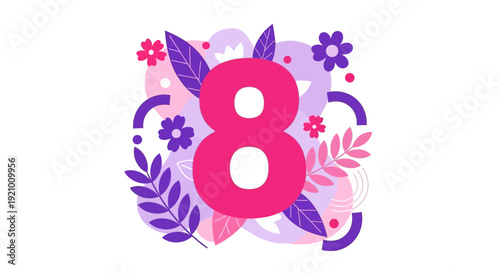 Vibrant number eight illustration, elegantly adorned with lush floral patterns, celebrating  of International Women’s Day with themes of empowerment and grace