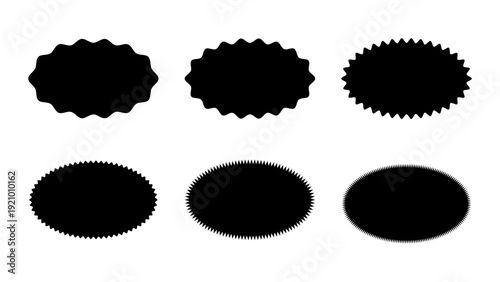 Wavy edge ellipse shape set. Jagged zig zag oval element collection. Black graphic design elements for banner poster sticker label tag badge emblem. Vector bundle.