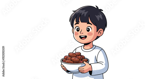 Cartoon Boy Holding Bowl of Chocolate.