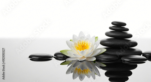 Serene White Lotus Flower and Balanced Black Zen Stones Reflected on a Calm Water Surface for Spa and Wellness