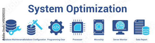 System Optimization web banner icon set vector illustration concept for business with icon of Database Maintenance, Database Configuration, Programming Gear, Processor, Microchip, Server Monit.