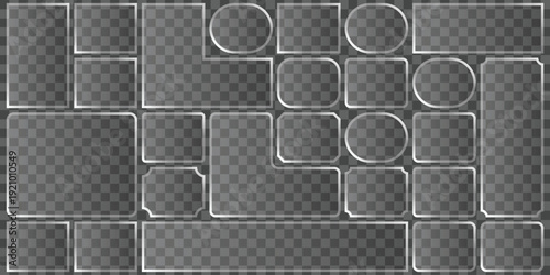 Modern glassmorphism bento grid UI elements featuring transparent rounded rectangles and oval shapes, sleek frosted glass effect for mobile apps, web interfaces, and UX design vector set