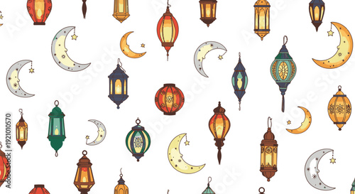 Colorful Lanterns and Crescent Moon Symbols 1.