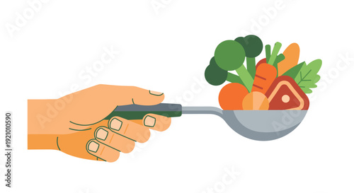 Hand holding pan with fresh vegetables.