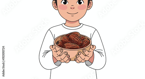 Boy holding a bowl of chocolates.