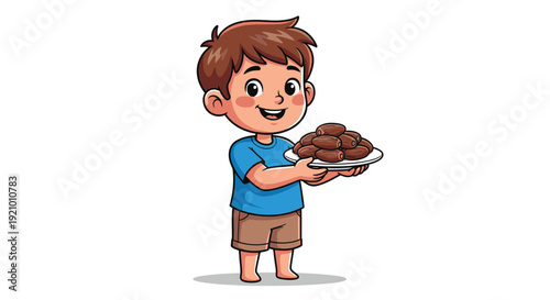 Cartoon Boy Holding Chocolate Cupcakes Tray.