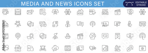 Media and news icon set covering broadcasting, journalism, live streaming, communication, reporting, podcasting, and digital information platforms.