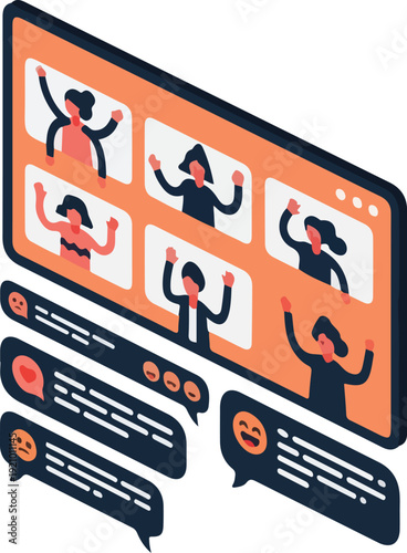 Online Video Conference Interface with Chat Reactions – Digital Meeting Flat Illustration