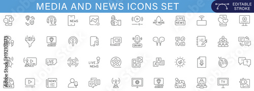 Media and news icon set covering broadcasting, journalism, live streaming, communication, reporting, podcasting, and digital information platforms.