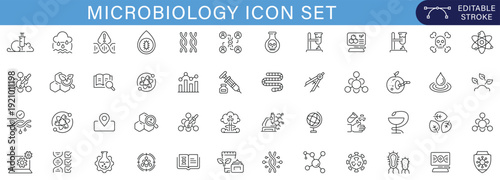 Minimal microbiology icon set featuring bacteria, virus, DNA, laboratory research, medical science, healthcare diagnostics, and infectious disease concepts with editable stroke style.