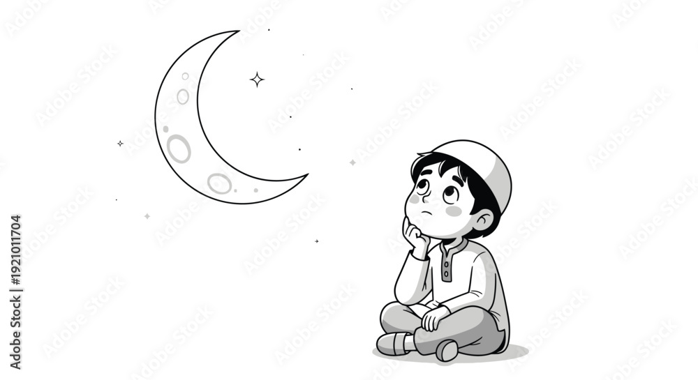 Obraz premium Young Boy Looking at Crescent Moon 1.