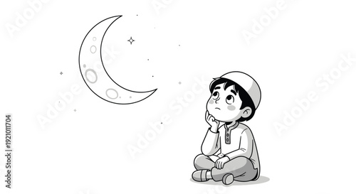 Young Boy Looking at Crescent Moon 1.