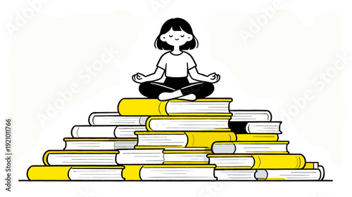Cute girl meditating on a stack of books vector illustration