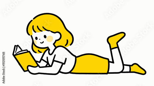 Cute blonde girl lying down reading book vector illustration