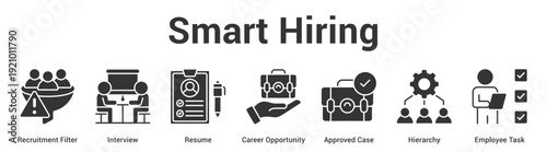 Smart Hiring web banner icon set vector illustration concept for business with icon of Recruitment Filter, Interview, Resume, Career Opportunity, Approved Case, Hierarc.