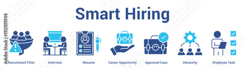 Smart Hiring web banner icon set vector illustration concept for business with icon of Recruitment Filter, Interview, Resume, Career Opportunity, Approved Case, Hierarc.