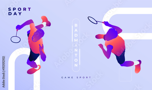 Badminton players silhouette in action during a match. Featuring vibrant gradients and minimalist white geometric shapes, perfect for sports day posters and athletic tournament. National Sports Day