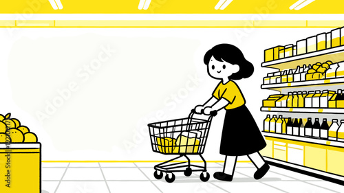 Woman pushing shopping cart in supermarket aisle vector illustration