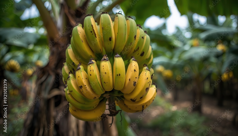Naklejka premium Banana Bunch in Plantation: A vibrant cluster of ripe bananas hangs heavily from a banana tree, showcasing the bounty of the plantation.