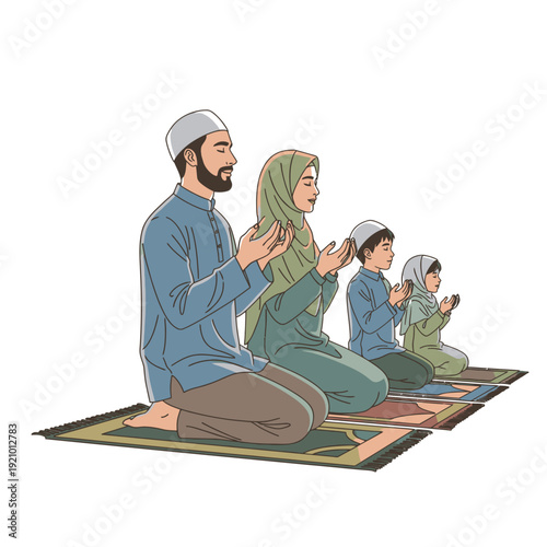 Family Praying Together on Prayer Mat.