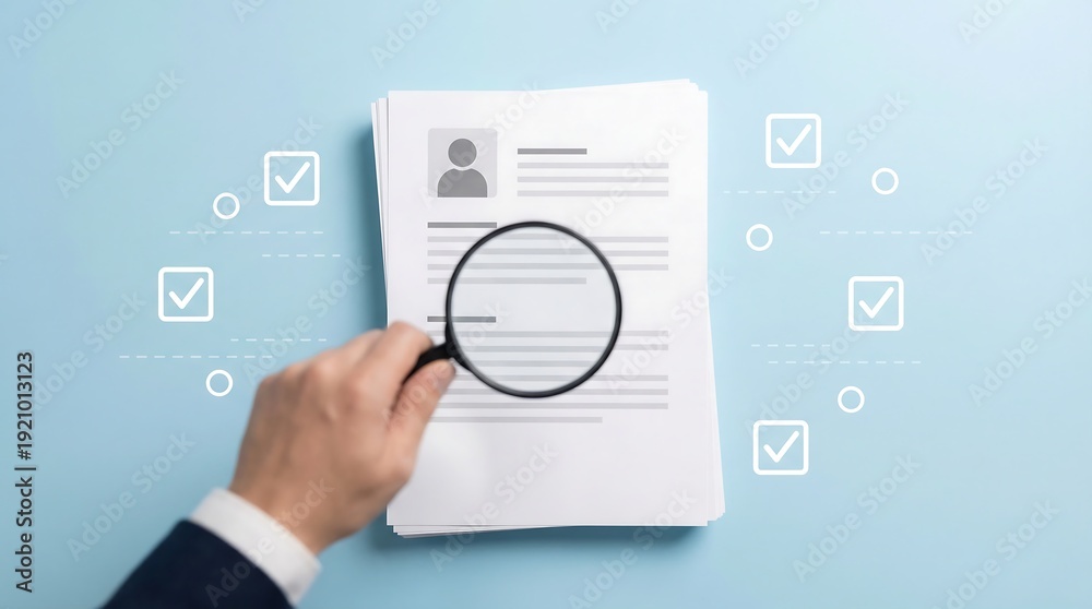 Fototapeta premium A professional hand holding a magnifying glass carefully examining details on a resume or document, surrounded by digital checklist icons on a blue background.