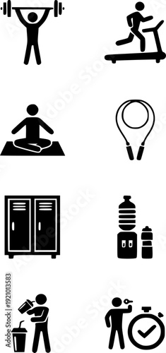 Gym and fitness center icon set. Sports workout, bodybuilding, and wellness facility symbols.
