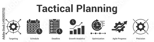 Tactical Planning web banner icon set vector illustration concept for business with icon of Targeting, Schedule, Deadline, Growth Analytics, Optimization, Ag.