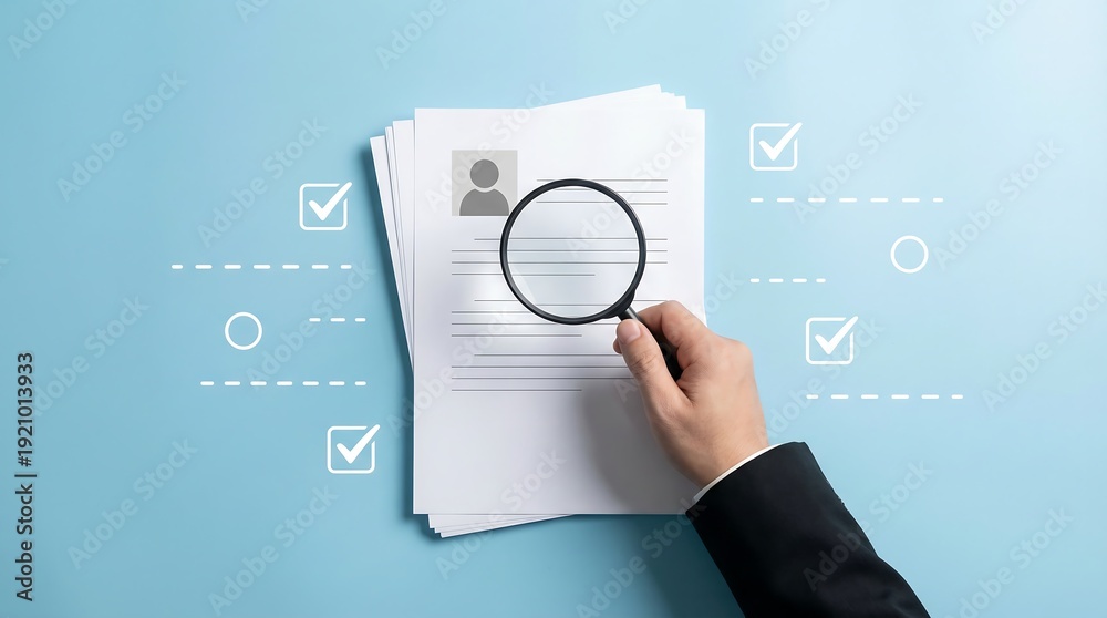 Fototapeta premium A person's hand holds a magnifying glass over a resume stack, with illustrative checkmarks and circles floating on a blue background.