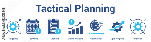 Tactical Planning web banner icon set vector illustration concept for business with icon of Targeting, Schedule, Deadline, Growth Analytics, Optimization, Ag.