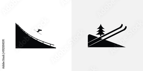 Black and white ski resort silhouettes with skier and trees