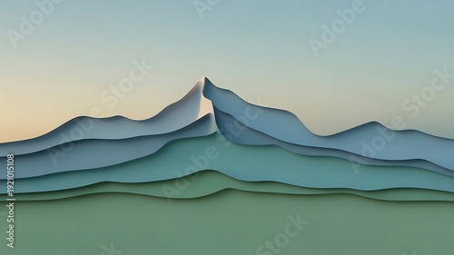 Stylized layered paper cut mountain range landscape with soft pastel gradient sky