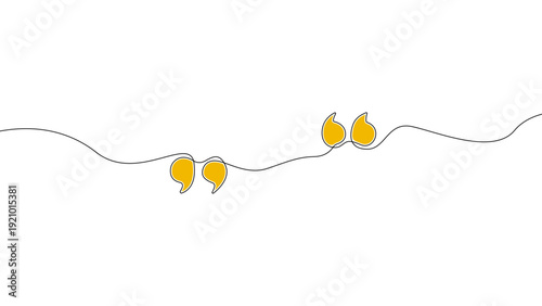 Continuous line yellow quotation marks illustration in minimal outline style, communication and testimonial concept vector