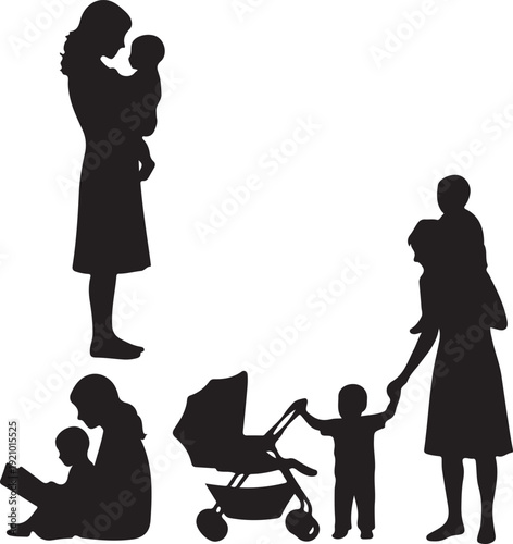Set of four mother and child silhouettes in different interactions, white background